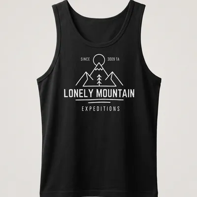 Vintage distressed t-shirt featuring the text Lonely Mountain Expeditions and a mountain illustration — printed on a tank top