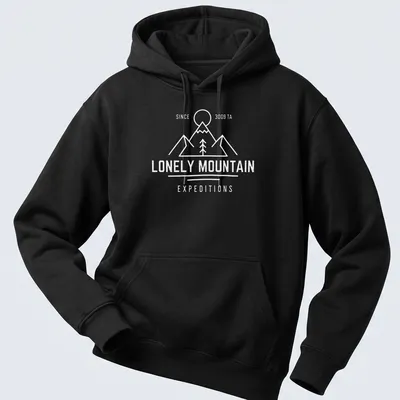 Vintage distressed t-shirt featuring the text Lonely Mountain Expeditions and a mountain illustration — printed on a unisex hoodie