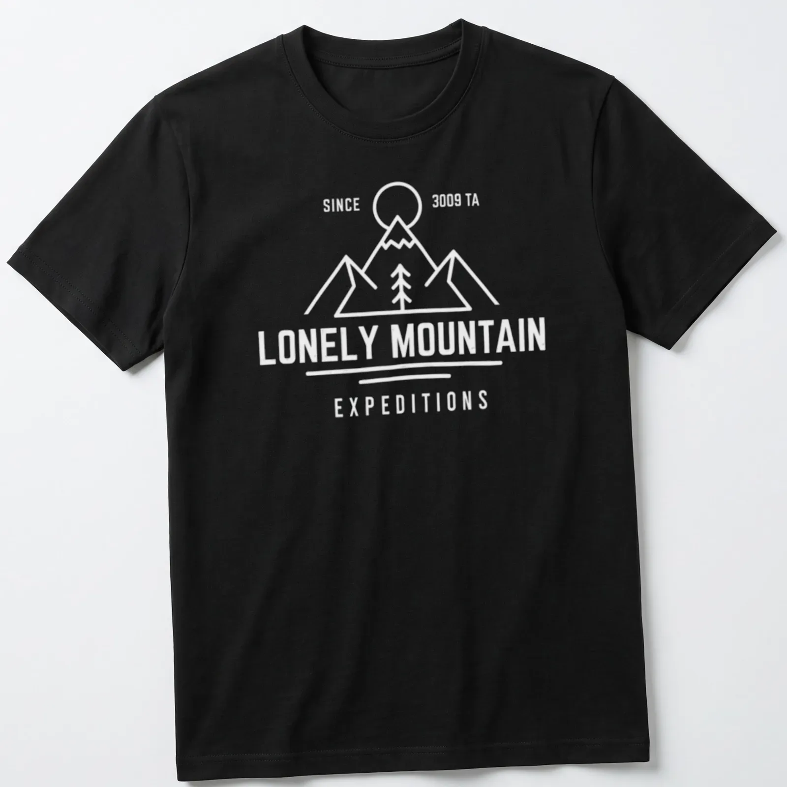 Vintage distressed t-shirt featuring the text Lonely Mountain Expeditions and a mountain illustration — printed on a unisex t-shirt