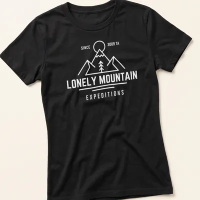 Vintage distressed t-shirt featuring the text Lonely Mountain Expeditions and a mountain illustration — printed on a women's shirt