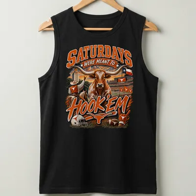 Vibrant sports-themed shirt with Longhorn bull and bold text about Saturdays. — printed on a tank top