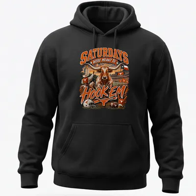 Vibrant sports-themed shirt with Longhorn bull and bold text about Saturdays. — printed on a unisex hoodie