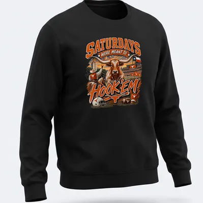 Vibrant sports-themed shirt with Longhorn bull and bold text about Saturdays. — printed on a unisex sweatshirt