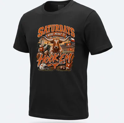 Vibrant sports-themed shirt with Longhorn bull and bold text about Saturdays.