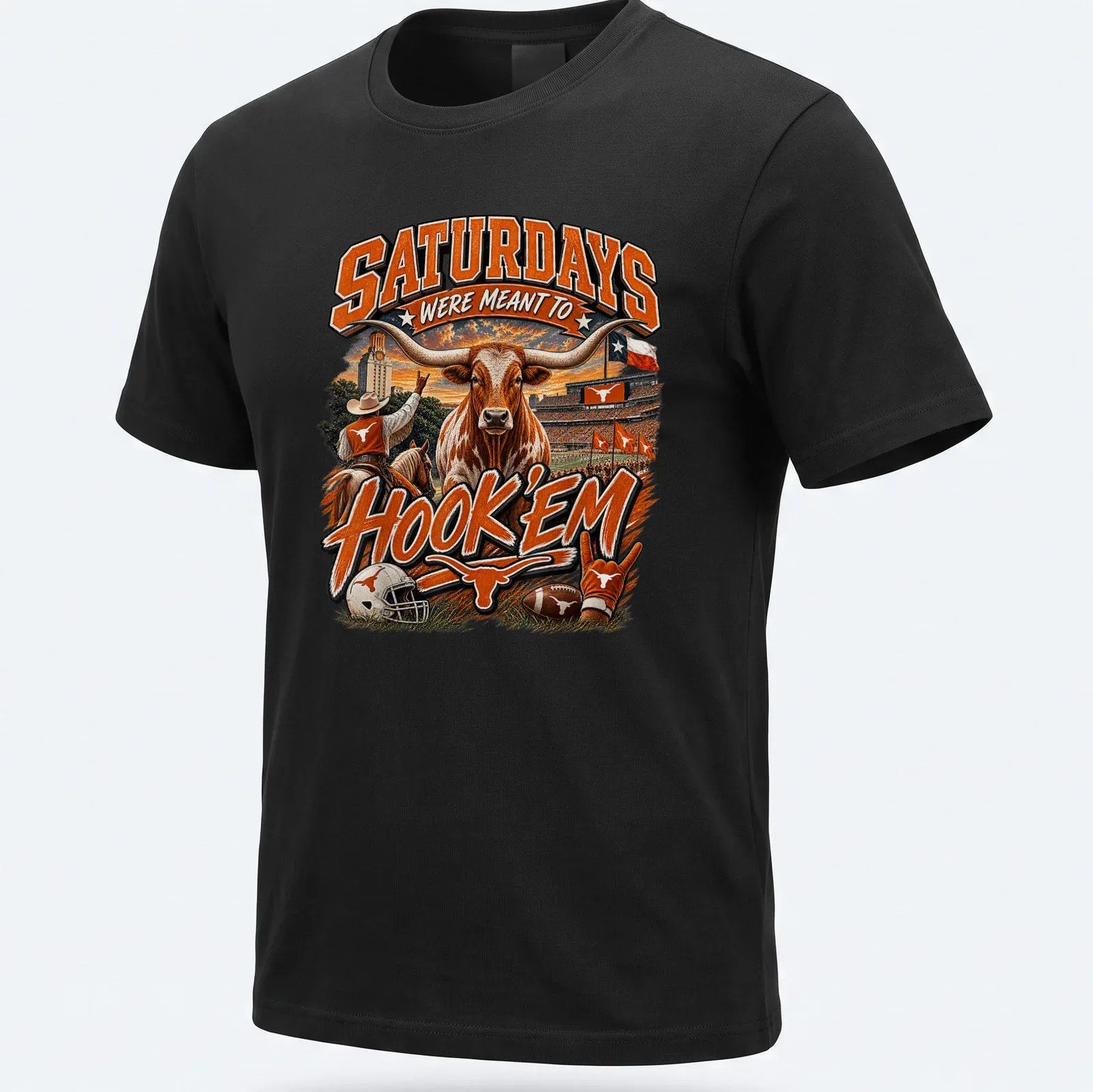 Vibrant sports-themed shirt with Longhorn bull and bold text about Saturdays. — printed on a unisex t-shirt