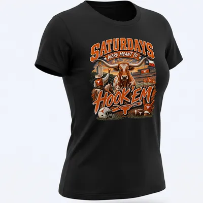 Vibrant sports-themed shirt with Longhorn bull and bold text about Saturdays. — printed on a women's shirt