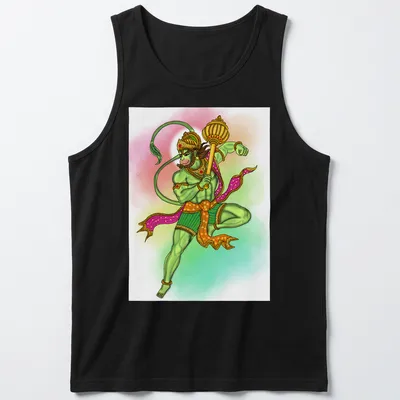 Digital illustration of Lord Hanuman in vibrant colors — printed on a tank top