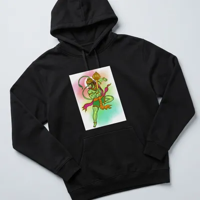 Digital illustration of Lord Hanuman in vibrant colors — printed on a unisex hoodie