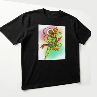 Digital illustration of Lord Hanuman in vibrant colors — printed on a unisex t-shirt (angled view)