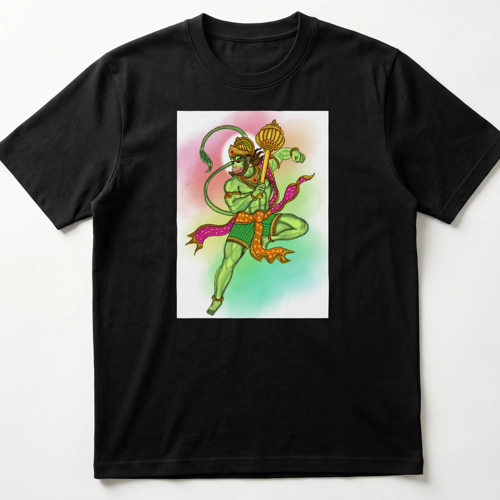 Digital illustration of Lord Hanuman in vibrant colors — printed on a unisex t-shirt