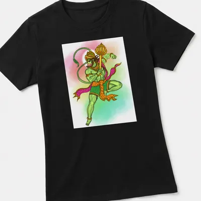 Digital illustration of Lord Hanuman in vibrant colors — printed on a women's shirt