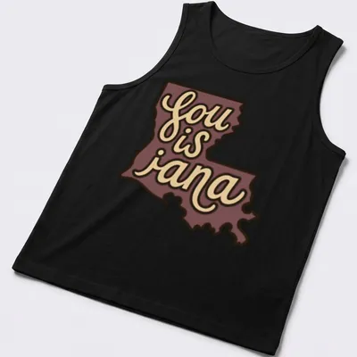 Retro Louisiana map t-shirt with printed text 'sou is jana' in purple and beige — printed on a tank top