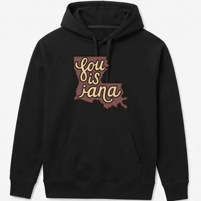 Retro Louisiana map t-shirt with printed text 'sou is jana' in purple and beige — printed on a unisex hoodie