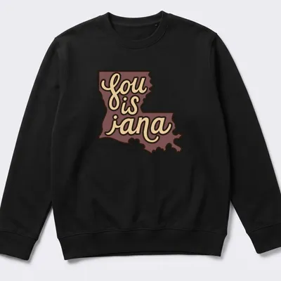 Retro Louisiana map t-shirt with printed text 'sou is jana' in purple and beige — printed on a unisex sweatshirt