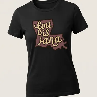 Retro Louisiana map t-shirt with printed text 'sou is jana' in purple and beige — printed on a women's shirt
