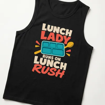 Playful cartoon of a lunch lady dashing with trays and a smile — printed on a tank top