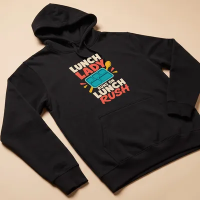 Playful cartoon of a lunch lady dashing with trays and a smile — printed on a unisex hoodie