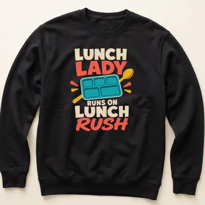 Playful cartoon of a lunch lady dashing with trays and a smile — printed on a unisex sweatshirt
