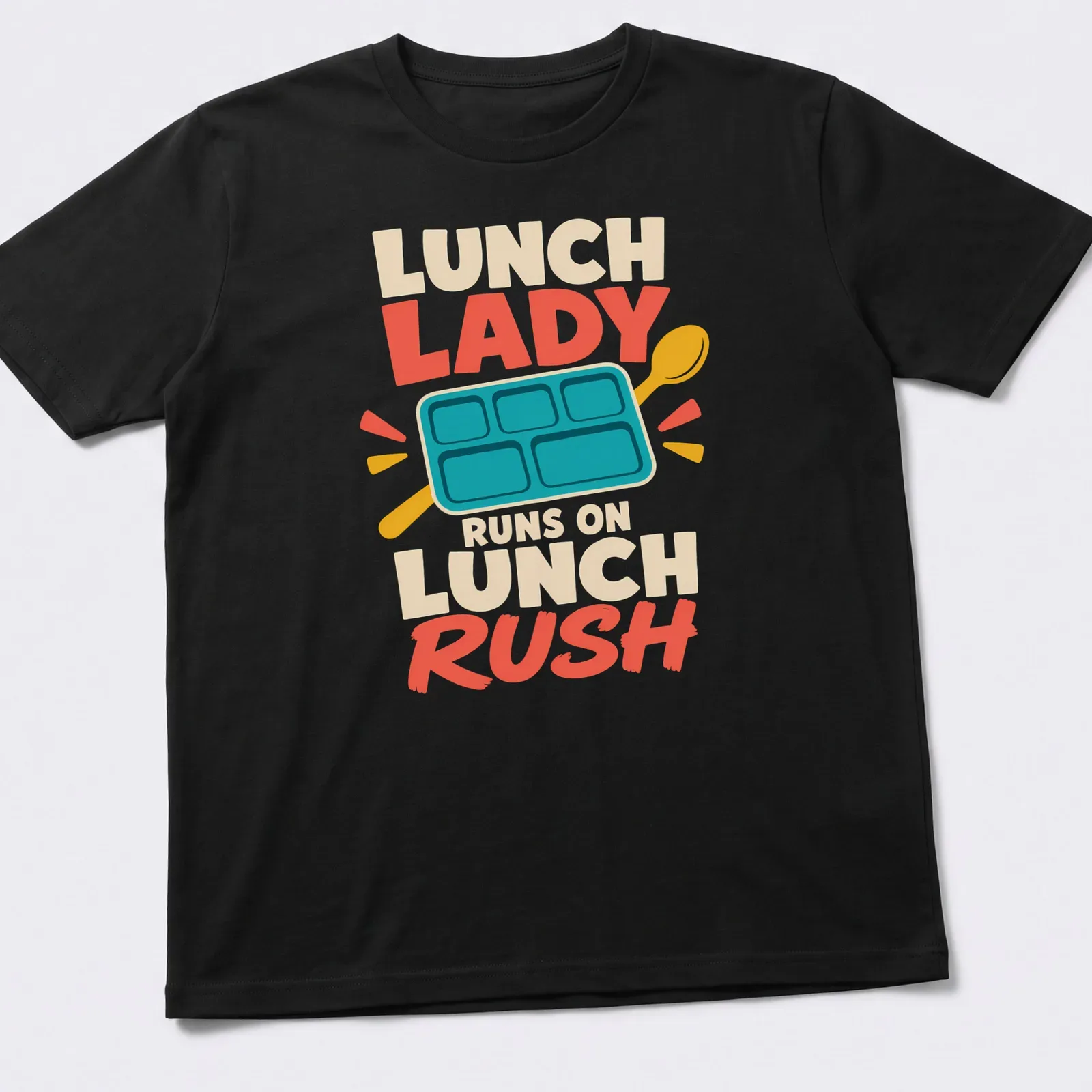 Playful cartoon of a lunch lady dashing with trays and a smile — printed on a unisex t-shirt