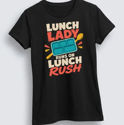 Playful cartoon of a lunch lady dashing with trays and a smile — printed on a women's shirt