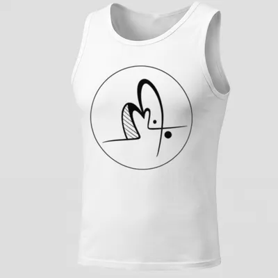 Minimalist line art artist logo in black on a white t-shirt. — printed on a tank top