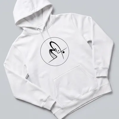 Minimalist line art artist logo in black on a white t-shirt. — printed on a unisex hoodie