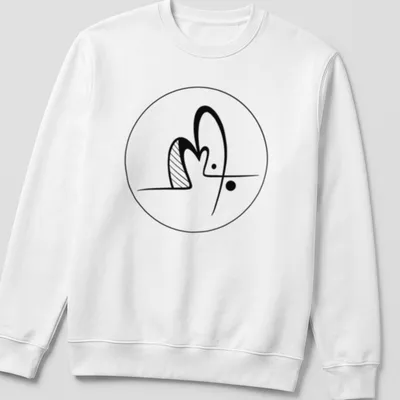 Minimalist line art artist logo in black on a white t-shirt. — printed on a unisex sweatshirt