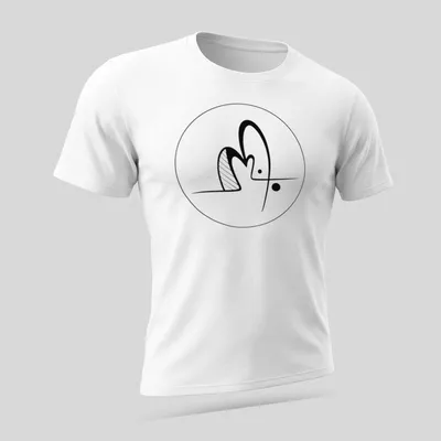 Minimalist line art artist logo in black on a white t-shirt. — printed on a unisex t-shirt (angled view)