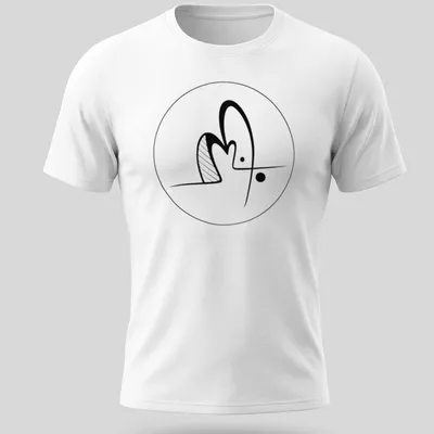 Minimalist line art artist logo in black on a white t-shirt.
