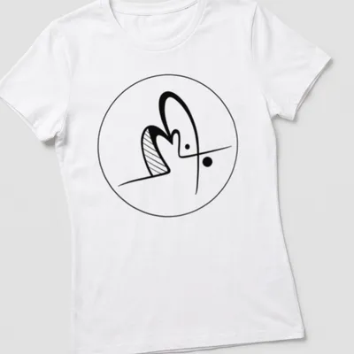 Minimalist line art artist logo in black on a white t-shirt. — printed on a women's shirt