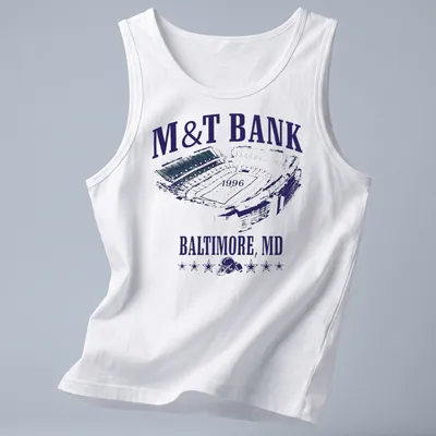 Vintage M&T Bank Stadium t-shirt with printed text in navy, white, and green — printed on a tank top