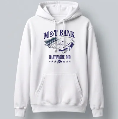 Vintage M&T Bank Stadium t-shirt with printed text in navy, white, and green — printed on a unisex hoodie