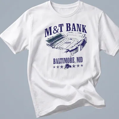 Vintage M&T Bank Stadium t-shirt with printed text in navy, white, and green