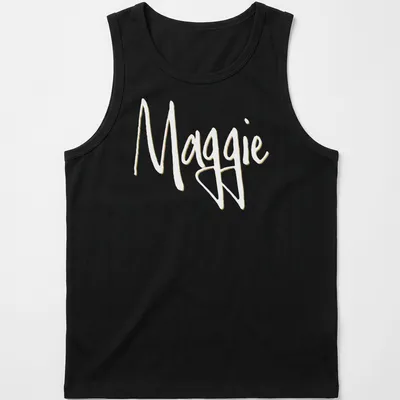 Elegant script design with the name Maggie in gold on a white background — printed on a tank top