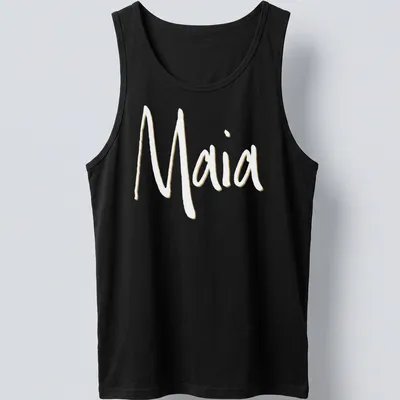 Personalized T-shirt featuring the name Maia in gold and white typography — printed on a tank top
