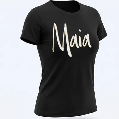 Personalized T-shirt featuring the name Maia in gold and white typography — printed on a women's shirt