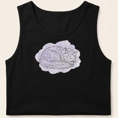 Boho line art of a sleeping Maine Coon cat in purple, white, and black. — printed on a tank top