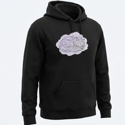 Boho line art of a sleeping Maine Coon cat in purple, white, and black. — printed on a unisex hoodie