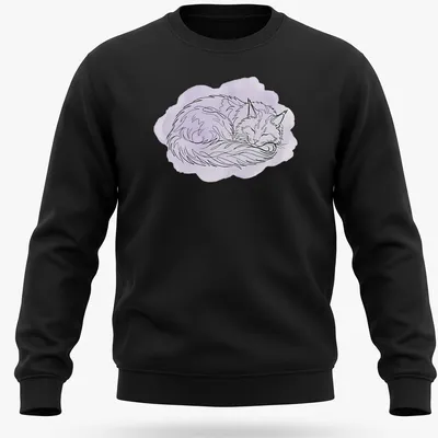Boho line art of a sleeping Maine Coon cat in purple, white, and black. — printed on a unisex sweatshirt