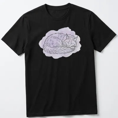 Boho line art of a sleeping Maine Coon cat in purple, white, and black.