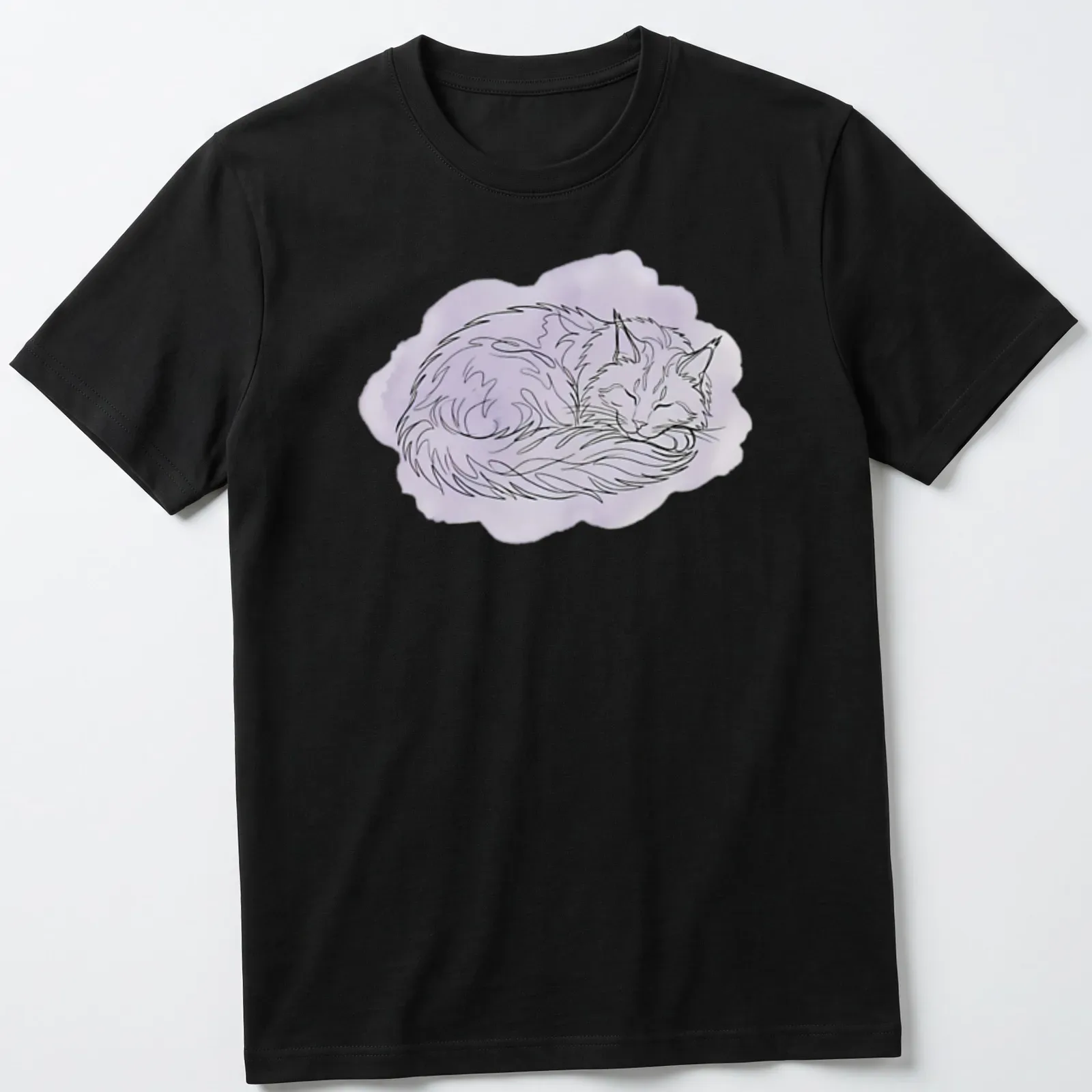 Boho line art of a sleeping Maine Coon cat in purple, white, and black. — printed on a unisex t-shirt