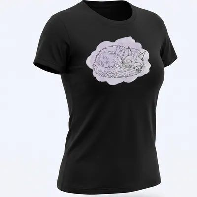 Boho line art of a sleeping Maine Coon cat in purple, white, and black. — printed on a women's shirt