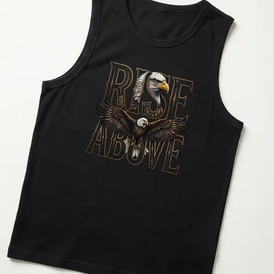 Illustration of a majestic eagle soaring with the text RISE ABOVE in detailed typography. — printed on a tank top