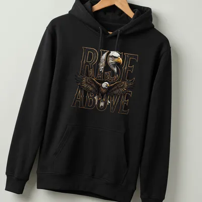 Illustration of a majestic eagle soaring with the text RISE ABOVE in detailed typography. — printed on a unisex hoodie