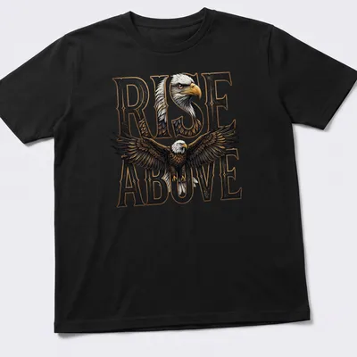 Illustration of a majestic eagle soaring with the text RISE ABOVE in detailed typography.