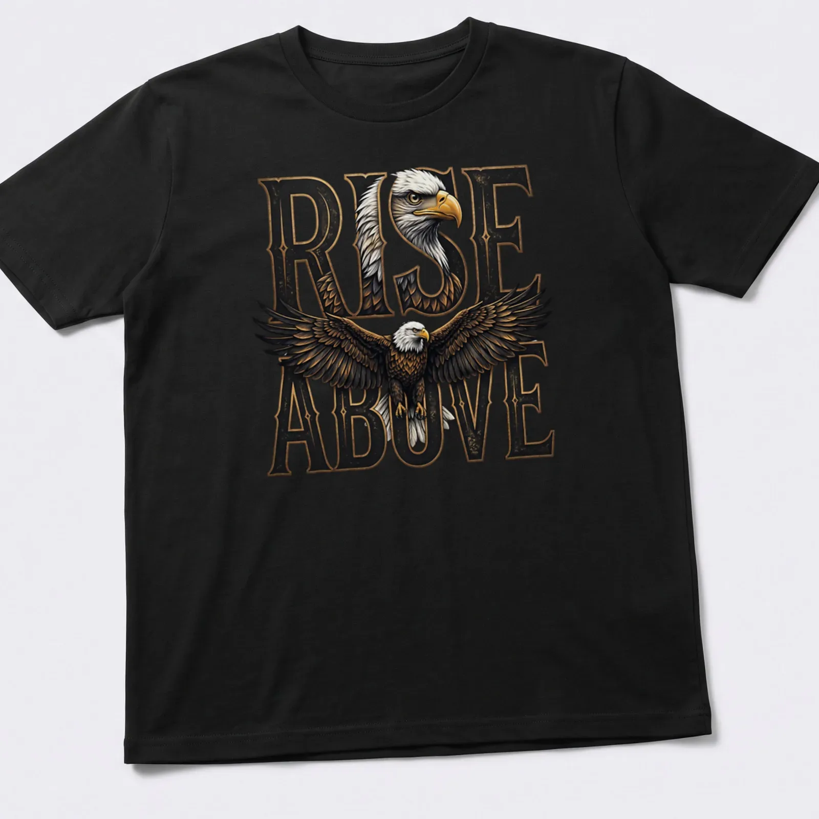 Illustration of a majestic eagle soaring with the text RISE ABOVE in detailed typography. — printed on a unisex t-shirt