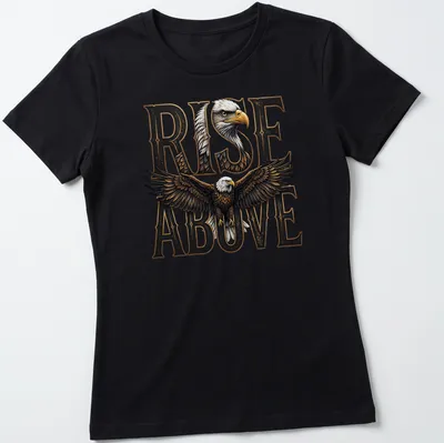 Illustration of a majestic eagle soaring with the text RISE ABOVE in detailed typography. — printed on a women's shirt