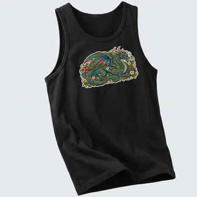 Floral dragon illustration with golden filigree in vibrant colors — printed on a tank top