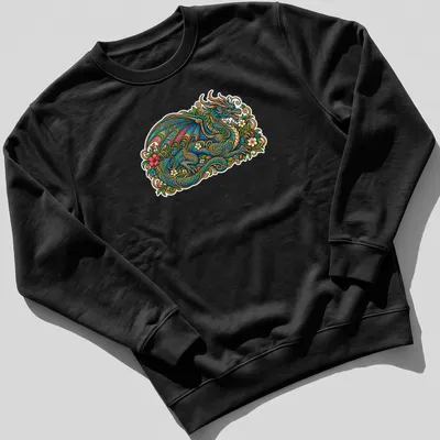 Floral dragon illustration with golden filigree in vibrant colors — printed on a unisex sweatshirt
