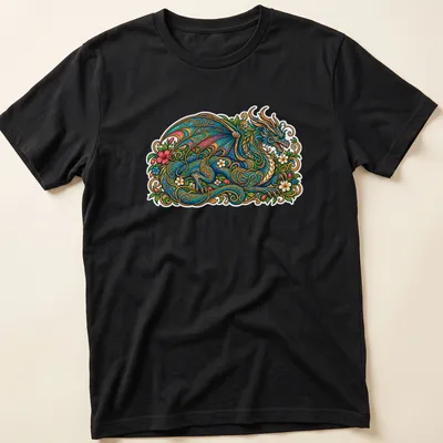 Floral dragon illustration with golden filigree in vibrant colors